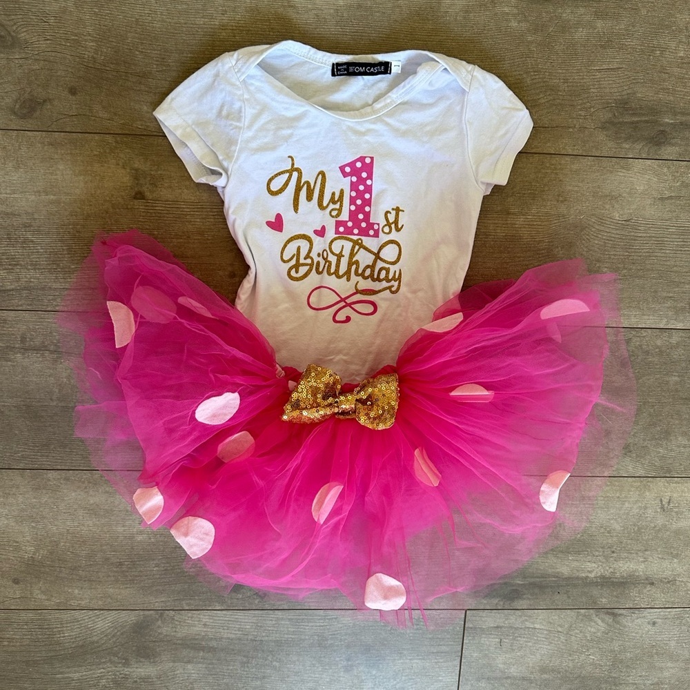 My 1st Birthday Pink Tutu Set with Gold Accents - Kids Matching Sets
